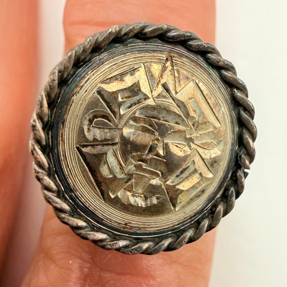 Vintage Mexico 925 Sterling Silver Ring Aztec Mayan Sun God Rope Frame Size 6